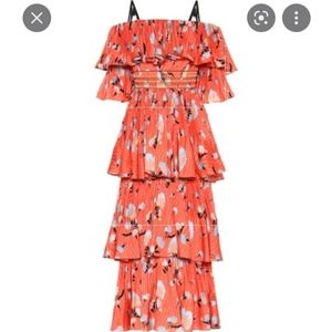 Off shoulder self portrait pleated ruffle tiered maxi dress orange tropical 2019